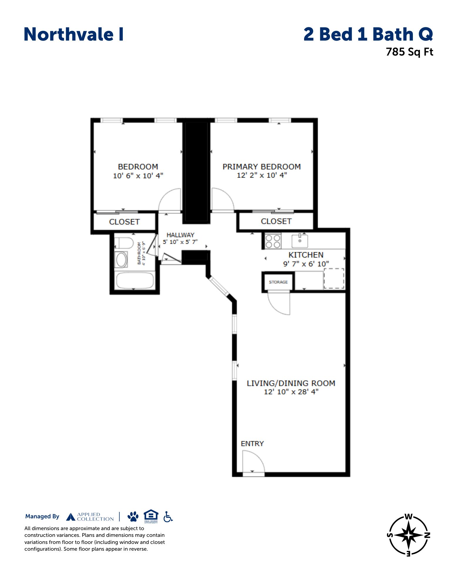 Floor plan for 2 beds, 1 bath, 786 sqft